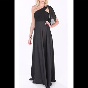 Aidan Mattox One Shoulder Tarzan Long Dress Black
